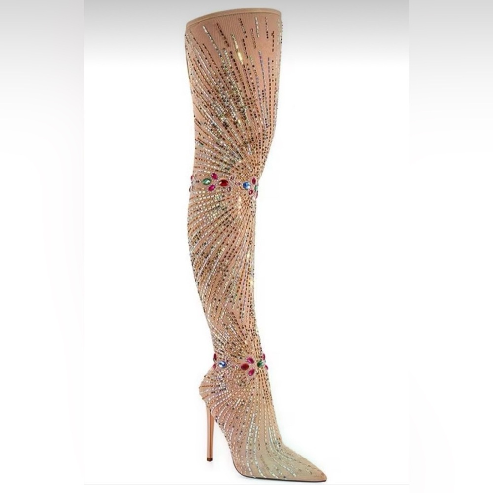 From Azalea Wang, the Chevelle Stretch Mesh Rhinestone Thigh High Dress Boots